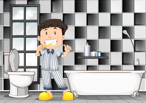Boy brushing teeth in the bathroom Stock Illustration