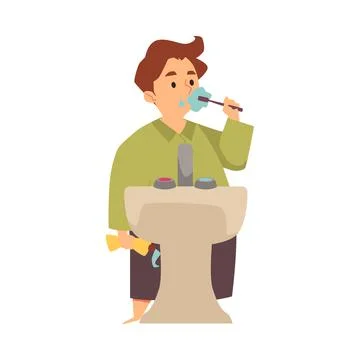 Boy brushing teeth in front of bathroom sink, flat vector illustration isolated. Stock Illustration