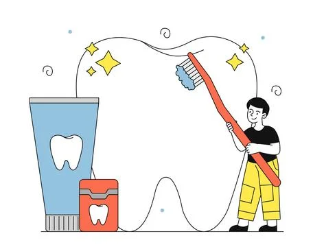 Boy brushing teeth vector linear 스톡 일러스트