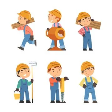 Boy Builder Character in Overall and Hard Hat Working with Construction Tools Stock Illustration
