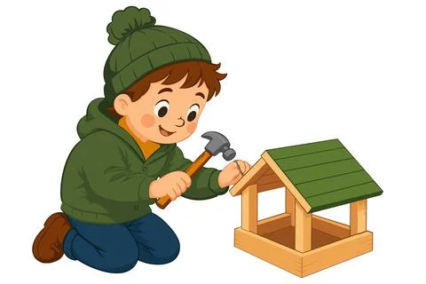 Boy Building A Bird Feeder With A Hammer, Isolated Illustration