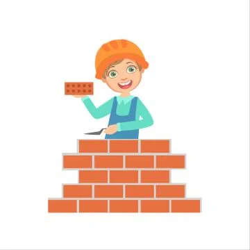 Boy Building A Brick Wall, Kid Dressed As Builder On The Construction Site Ilustración de archivo