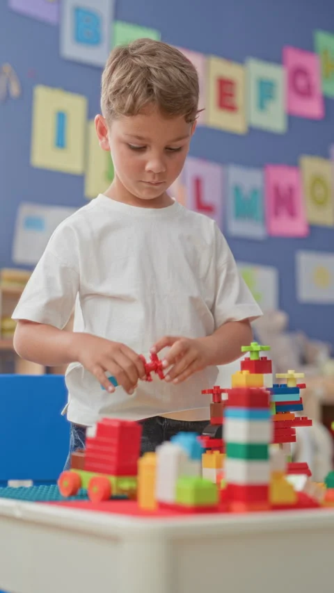 Boy building a multicolored block tower with hands and focused gaze in a cl.. Stock Footage 337372999