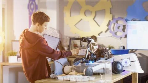Boy Builds Fully Functional Robot with Bright LED Lights and Programs it with 写真素材