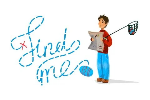 Boy with bunny ears looks at Easter eggs on a plate. The boy is happy. Easter 스톡 일러스트