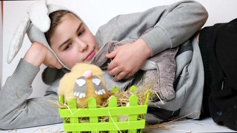 Boy with bunny ears playing with a soft toy rabbit in basket Video stock 147718049