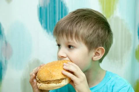Boy with burger Stock-Fotos