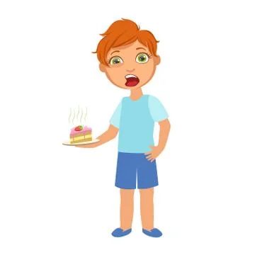 Boy With Cake Nauseous,Sick Kid Feeling Unwell Because Of The Sickness, Part Of Illustrazione stock