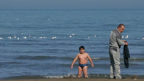 Boy calling to father from cold sea with gulls in calm horizon Video stock 320463318