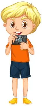 Boy with camera on white background Stock Illustration