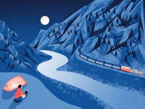 A boy camping and watching train in the mountains under moonlight at night Stockillustratie