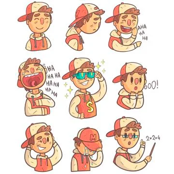 Boy In Cap And College Jacket Collection Of Hand Drawn Emoji Cool Outlined Stock Illustration
