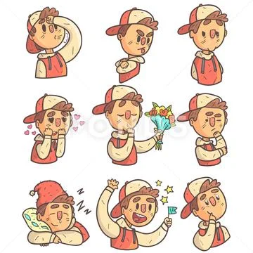 Boy In Cap And College Jacket Collection Of Hand Drawn Emoticon Cool Outlined Stock Illustration