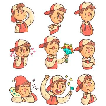Boy In Cap And College Jacket Collection Of Hand Drawn Emoticon Cool Outlined Stock Illustration