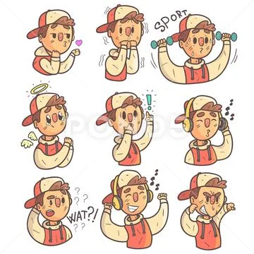 Boy In Cap And College Jacket Collection Of Hand Drawn Different Emotions Cool Stock Illustration