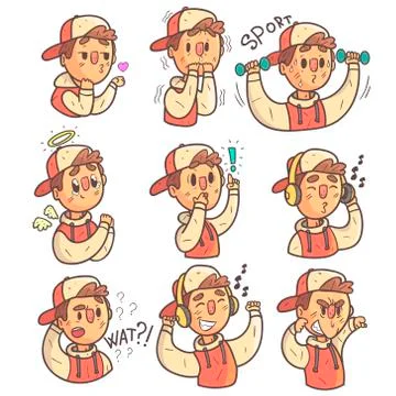 Boy In Cap And College Jacket Collection Of Hand Drawn Different Emotions Cool Stock Illustration