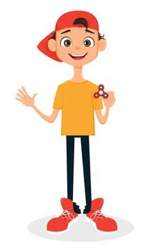 Boy in cap holding spinner. Cute cartoon character. Vector illustration. Stock Illustration