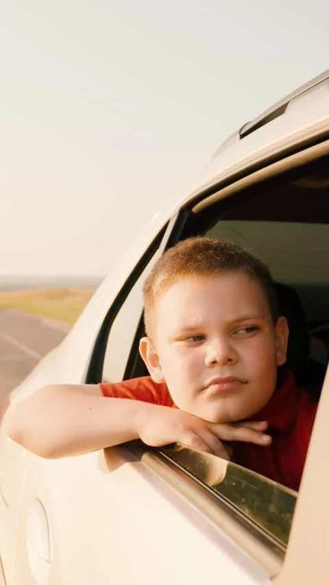 Boy car window, catching glare setting sun, car ride back seat, traveling by car Stock Footage 274503593