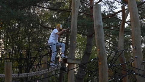 Boy carefully balancing on rope climbing structure in scenic forest park Stock Footage 303928646
