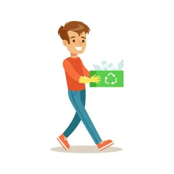 Boy Carrying Box Of Recycle Plastic Helping In Eco-Friendly Gardening Outdoors Stock Illustration