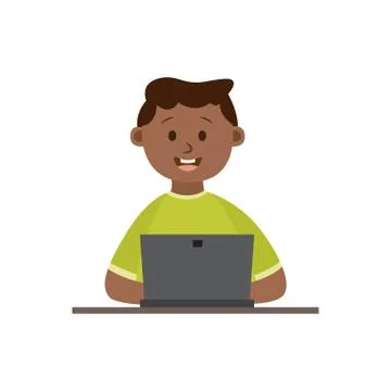 Boy cartoon character using laptop computer flat vector illustration isolated. Stock Illustration