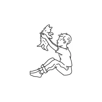 Boy with a cat pet. Doodle black white contour line illustration. Stock Illustration