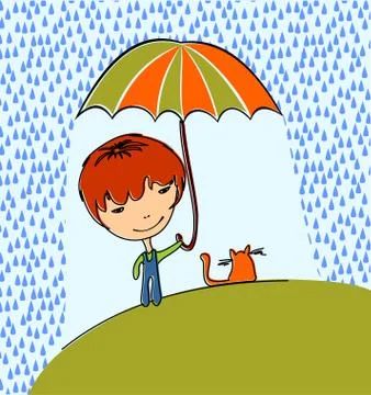 Boy with cat in the rain Stock Illustration