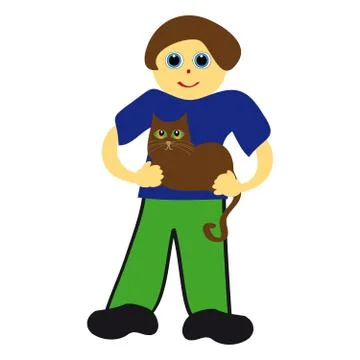 Boy with cat on white background Stock Illustration