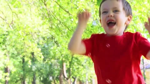 The boy catches soap bubbles . A happy child. Summer children's leisure. Stock Footage 190000491