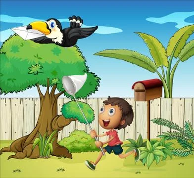 A boy catching the bird with an envelope Stock Illustration