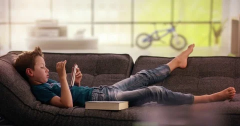 Boy changes smartphone against book on the couch Stock Footage 78765160