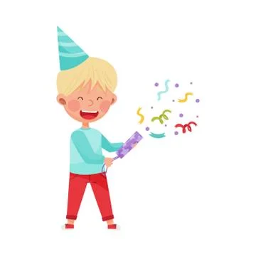 Boy Character in Birthday Hat Throwing Confetti Vector Illustration Stock Illustration