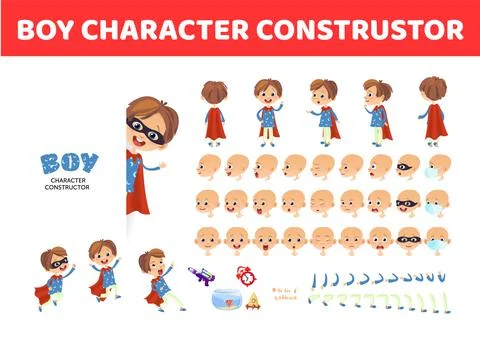 Boy character constructor. Cartoon boy creation mascot kit. Stock Illustration