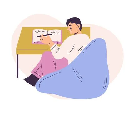 Boy Character Doing Homework Sitting Have Schedule and Daily Routine Activity Stock Illustration