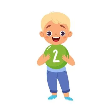 Boy Character Hold Two Number Learn Counting Vector Illustration Stock Illustration