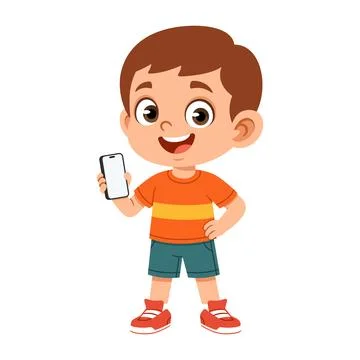 Boy Character Holding Smartphone Flat Style Stock Illustration