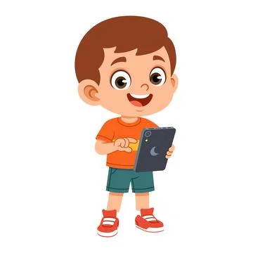 Boy character holding tablet flat design illustration for digital learning .. Stock Illustration