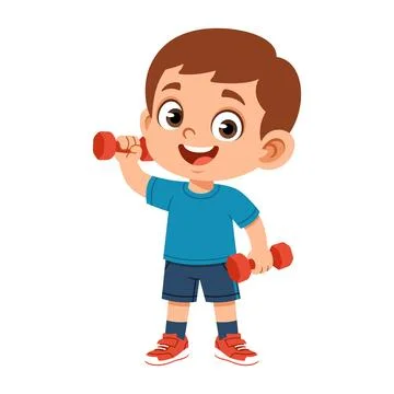 Boy Character Lifting Small Dumbbell One Hand Up Stock Illustration