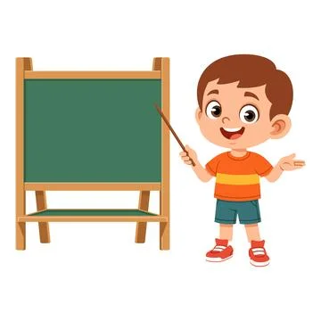 Boy character pointing to a board teaching concept flat design illustration.. Stock Illustration