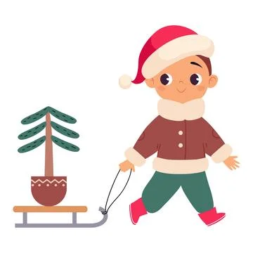 Boy Character Pull Sledge Celebrate Christmas Holiday at Winter Vector Stock Illustration