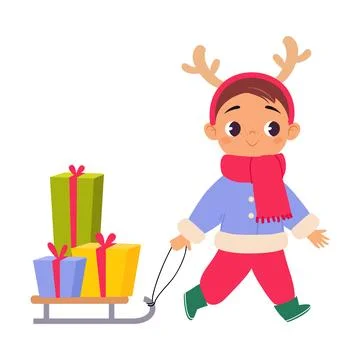 Boy Character Pull Sledge with Gift Box Celebrate Christmas Holiday at Winter 스톡 일러스트