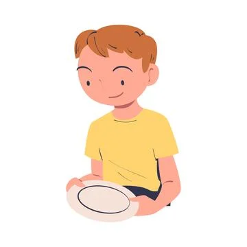 Boy Character Putting Plate on Table at Kitchen Vector Illustration Stock Illustration