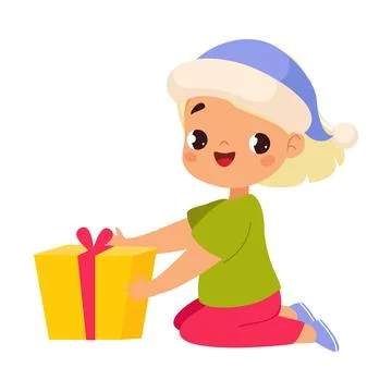 Boy Character Sit with Gift Box Celebrate Christmas Holiday at Winter Vector Stock Illustration