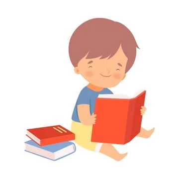 Boy Character Sitting on Floor and Learning How to Read Stock Illustration