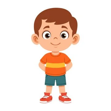 Boy character standing with hands behind back polite pose flat design illus.. Stock Illustration