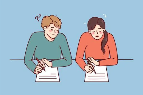 Boy cheating on school exam Stock Illustration