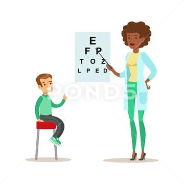 Boy Checkeing His Eyesight With Chart On Medical Check-Up With Female Stock Illustration