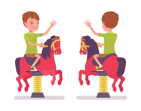 Boy child 7-9 yo school age kid at horse spring rider Stock-Illustration