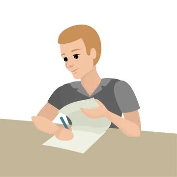 Boy child doing homework. Writes off a sheet. Makes a document, writes a letter Stock Illustration