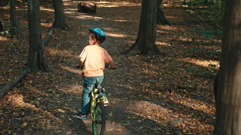 A boy child falls from a bicycle while riding in the park. Stock Footage 255698921
